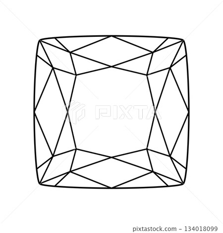 Cushion diamond cut shape isolated on white. Design diagram. Diamond pad shape top view. Cushion brilliant cut. Gemstone outline icon for jewellery design, branding, packaging, logo, digital graphic. 134018099