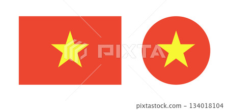 Vietnam flag. Set of Flag rectangle, circle icons. National flag of Vietnam rectangular, round badges. Standard colors. 134018104