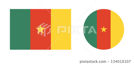 Flag of Cameroon round, rectangular icons set. National Cameroon flag circle, rectangle badge, background, banner, sign, sticker. 134018107