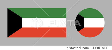 Kuwait flag icon design. Kuwait circle, rectangle flag buttons set. Round, rectangular flag of Kuwait badges. Realistic colors.  134018110