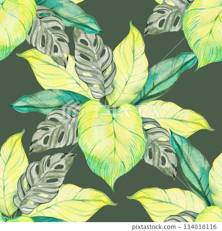 A seamless botanical pattern featuring elegant watercolor tropical leaves in soft green and yellow tones. Delicate shapes and natural textures create a fresh, airy design perfect for textiles 134018116