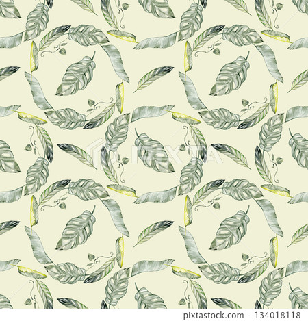 A seamless botanical pattern featuring watercolor tropical leaves with natural shapes and soft green shades. Elegant, fresh and organic design ideal for textiles, wrapping paper, wallpapers, packaging A seamless botanical pattern featuring watercolor tropical leaves with natural shapes and soft green shades. Elegant, fresh and organic design ideal for textiles, wrapping paper, wallpapers, packaging 134018118