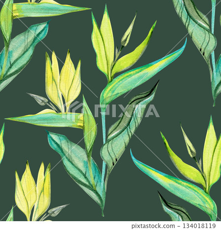 Watercolor seamless pattern with elegant strelitzia leaves and buds in vibrant green and turquoise shades. The soft hand-painted botanical elements create a fresh tropical design perfect for fabrics 134018119