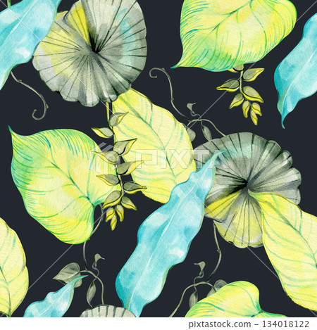 Watercolor tropical seamless pattern with vibrant leaves in soft green, turquoise, and yellow shades. Artistic foliage elements create a fresh botanical design perfect for textiles, wallpapers Watercolor tropical seamless pattern with vibrant leaves in soft green, turquoise, and yellow shades. Artistic foliage elements create a fresh botanical design perfect for textiles, wallpapers 134018122