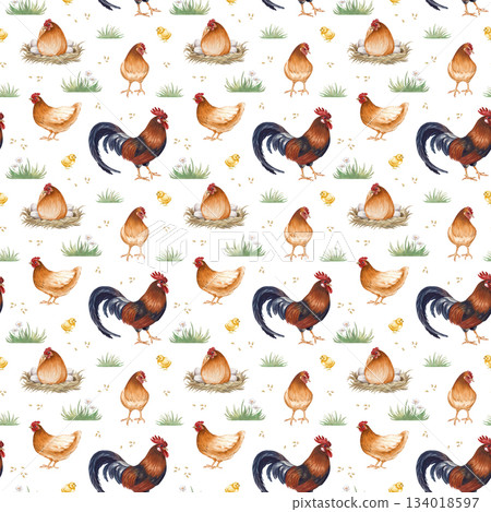 Seamless pattern of a poultry yard on a white background. Watercolor illustrations depicting brown hens, a rooster, chickens and grass. Realistic drawing of farm birds for agriculture, packaging 134018597
