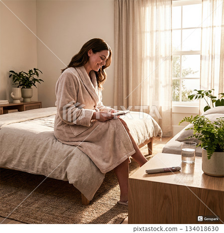 Soft sunrise scene of a woman sitting on her bed in a robe, reading and relaxing with water and wellness essentials nearby, creating a peaceful morning ritual.. High quality photo 134018630
