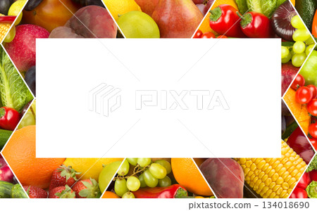 Vibrant Fruit and Vegetable Collage Frame with Central Copy Space Vibrant Fruit and Vegetable Collage Frame with Central Copy Space 134018690