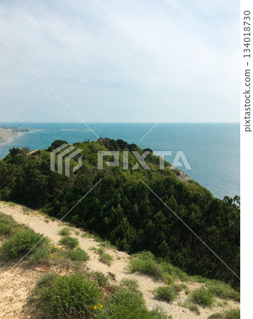 Winding dirt trail leading along steep, verdant hillside covered with dense green trees and shrubs, offering expansive views of calm ocean and distant coastline under soft blue sky Winding dirt trail leading along steep, verdant hillside covered with dense green trees and shrubs, offering expansive views of calm ocean and distant coastline under soft blue sky 134018730