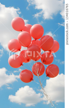 Red Balloons Floating in Blue Sky 134018765