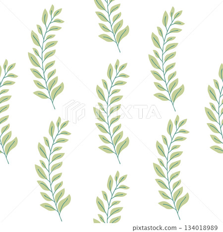 Seamless pattern of botanical leaves, silhouettes of natural ornaments. Simple floral pattern. Vector illustration in two colors. 134018989