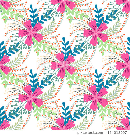 Vintage Decorative seamless pattern in classic style with small flowers, ditsy. Light silhouettes of flowers, two-color ornament in pastel colors 134018997