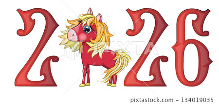 A banner for Chinese New Year 2026, combining an image of a horse and the number 2026, done in a cartoon style A banner for Chinese New Year 2026, combining an image of a horse and the number 2026, done in a cartoon style 134019035
