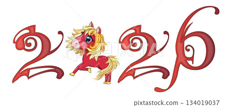 A banner for Chinese New Year 2026, combining an image of a horse and the number 2026, done in a cartoon style 134019037