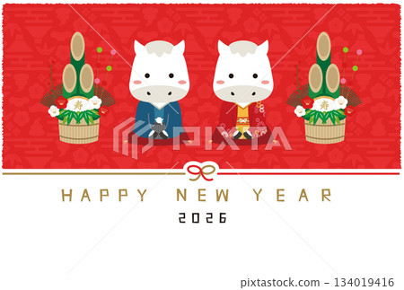 2026年新年賀卡 新年快樂 水引(裝飾繩) 白馬 和服 門松(新年裝飾品) 紅色背景 2026年新年賀卡 新年快樂 水引(裝飾繩) 白馬 和服 門松(新年裝飾品) 紅色背景 134019416