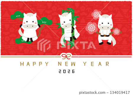 2026 New Year's card Happy New Year Mizuhiki Hakuba Pine Bamboo Plum Blossom Background Red 134019417