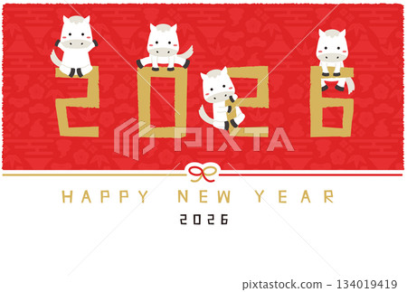 2026年新年賀卡 新年快樂 水引 橫版 金色 2026 和白馬背景 紅色 2026年新年賀卡 新年快樂 水引 橫版 金色 2026 和白馬背景 紅色 134019419