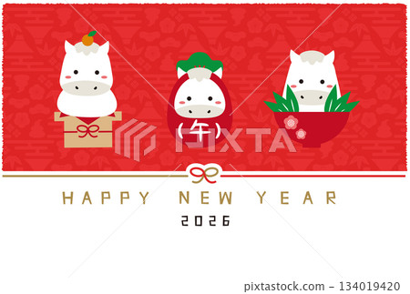 2026年新年賀卡 新年快樂 水引 三吉祥物 紅色背景 134019420