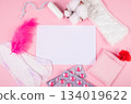 Set of feminine hygiene products for menstruation. Sanitary pads, tampons, pills on pink background. Womens health concept. Copy space. 134019622