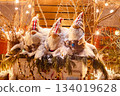 Christmas decor in backyard. Festive New Year decorations. Porch of house decorated for Christmas. 134019628