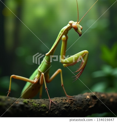 AI generated Emerald mantis carefully positioned on moist branch in lush jungle AI generated Emerald mantis carefully positioned on moist branch in lush jungle 134019847