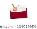 Red envelope with white card and pink heart decoration, open, isolated on white background, romantic and festive 134019954