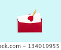 Red envelope with white card and red heart decoration, open, isolated on blue background, romantic and festive 134019955