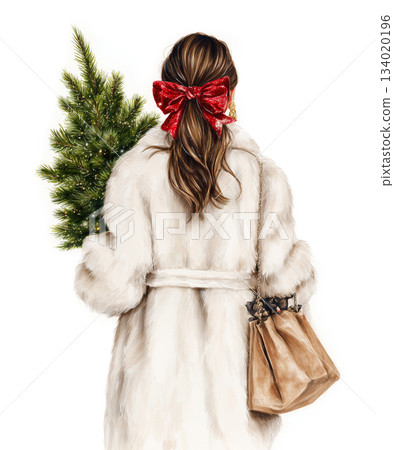 View from behind of a woman in a white over-sized faux-fur coat with brown shiny hair with glossy 134020196