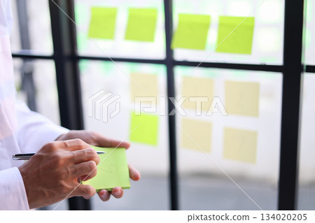 Businessman putting sticky notes on mirror for organizing thoughts, planning tasks for project management and brainstorming. 134020205