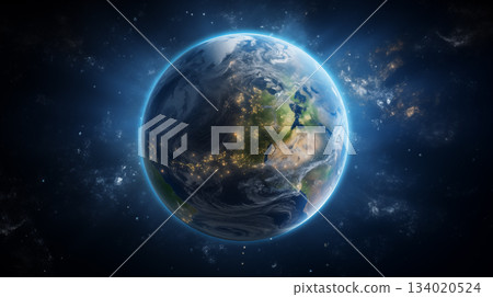 Planet Earth with detailed relief and atmosphere. Blue space background with earth and galaxy. 134020524