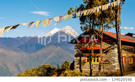 Buddhist Temple called Tashisanga choling monastery near Panggom, Nepal. 134020598