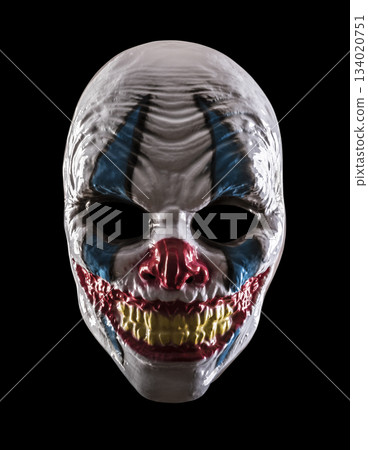 Scary clown halloween mask isolated on black background with clipping path Scary clown halloween mask isolated on black background with clipping path 134020751