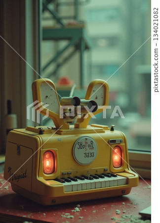 AI generated. Charming vintage music box resting on windowsill with rainy cityscape 134021082