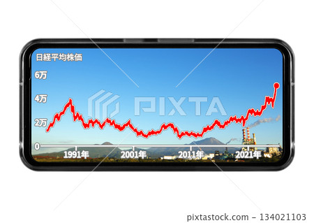 Image of long-term stock price trends displayed on a smartphone screen with a landscape photo of Mt. Oyama and factories as wallpaper: Cutout transparent background material 134021103