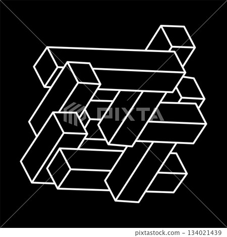 Impossible objects. Optical illusion shapes. 3d illustration vector. Unreal geometric figures. Optical art shape. Line art. Impossible objects. Optical illusion shapes. 3d illustration vector. Unreal geometric figures. Optical art shape. Line art. 134021439