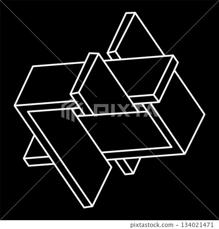 Impossible shape. Sacred geometry. Optical illusion figures. Abstract eternal geometric object. Impossible endless outline. Line art. Optical art. Impossible geometry shape on a black background. 134021471