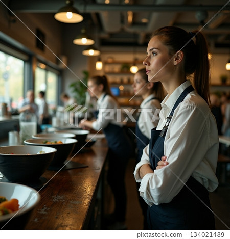 Staff readies for evening service at a busy restaurant 134021489