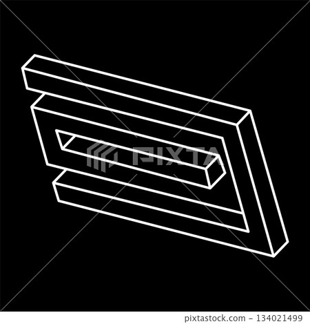 Optical illusion object, impossible figure, white lines on a black background, optical art shape. Escher style. Geometric figures.  134021499
