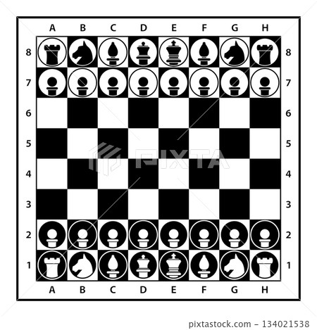 chessboard with chess pieces in separated layers, black and white vector illustration isolated on white 134021538
