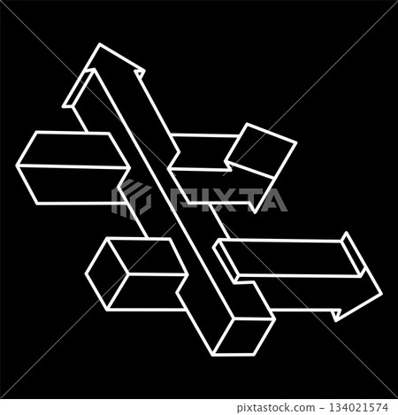 Impossible shapes. Sacred geometry. Optical illusion. Abstract eternal geometric object. Impossible endless outline arrows. Optical art. Impossible geometry symbol on a black background. Line art. 134021574