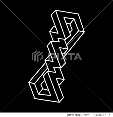 Impossible shape. Sacred geometry figures. Optical illusion. Abstract eternal geometric object. Impossible endless outline. Optical art. Impossible geometry symbol on a black background. Line art.  134021593