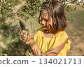 Girl 7 years old in profile in yellow dress takes photos on phone on near the olive tree in summer day 134021713