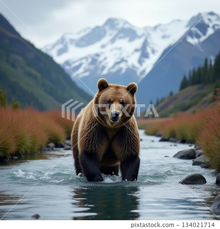 AI generated Snowy mountain bear wanders, Solitary bear navigates icy river 134021714