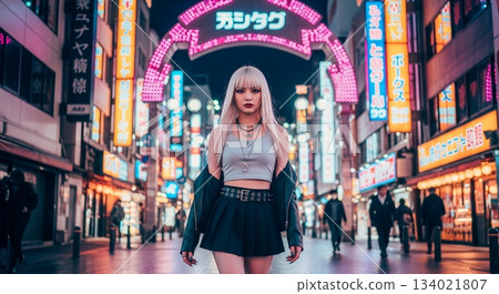 A woman walking through a neon city 134021807