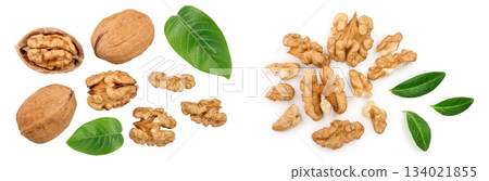 Walnuts with leaf isolated on white background. Top view. Flat lay 134021855