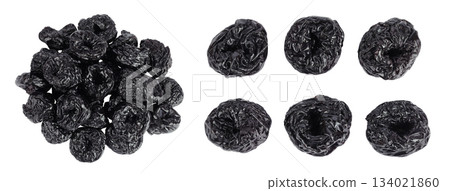 Prunes isolated on white background, heap of dried plums. Top view. Flat lay Prunes isolated on white background, heap of dried plums. Top view. Flat lay 134021860