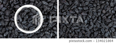 black raisins as a background. Top view. Flat lay black raisins as a background. Top view. Flat lay 134021864