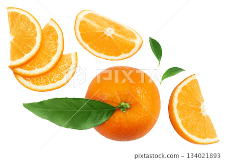 Orange fruit slices isolated on white background. Top view. Flat lay. Orange fruit slices isolated on white background. Top view. Flat lay. 134021893
