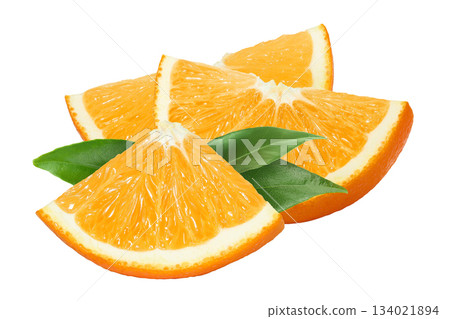 Orange fruit slices isolated on white background with full depth of field Orange fruit slices isolated on white background with full depth of field 134021894