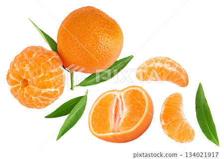 Tangerine or clementine with green leaf isolated on white background with full depth of field. Top view. Flat lay Tangerine or clementine with green leaf isolated on white background with full depth of field. Top view. Flat lay 134021917