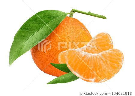 Tangerine or clementine with green leaf isolated on white background with full depth of field. Tangerine or clementine with green leaf isolated on white background with full depth of field. 134021918
